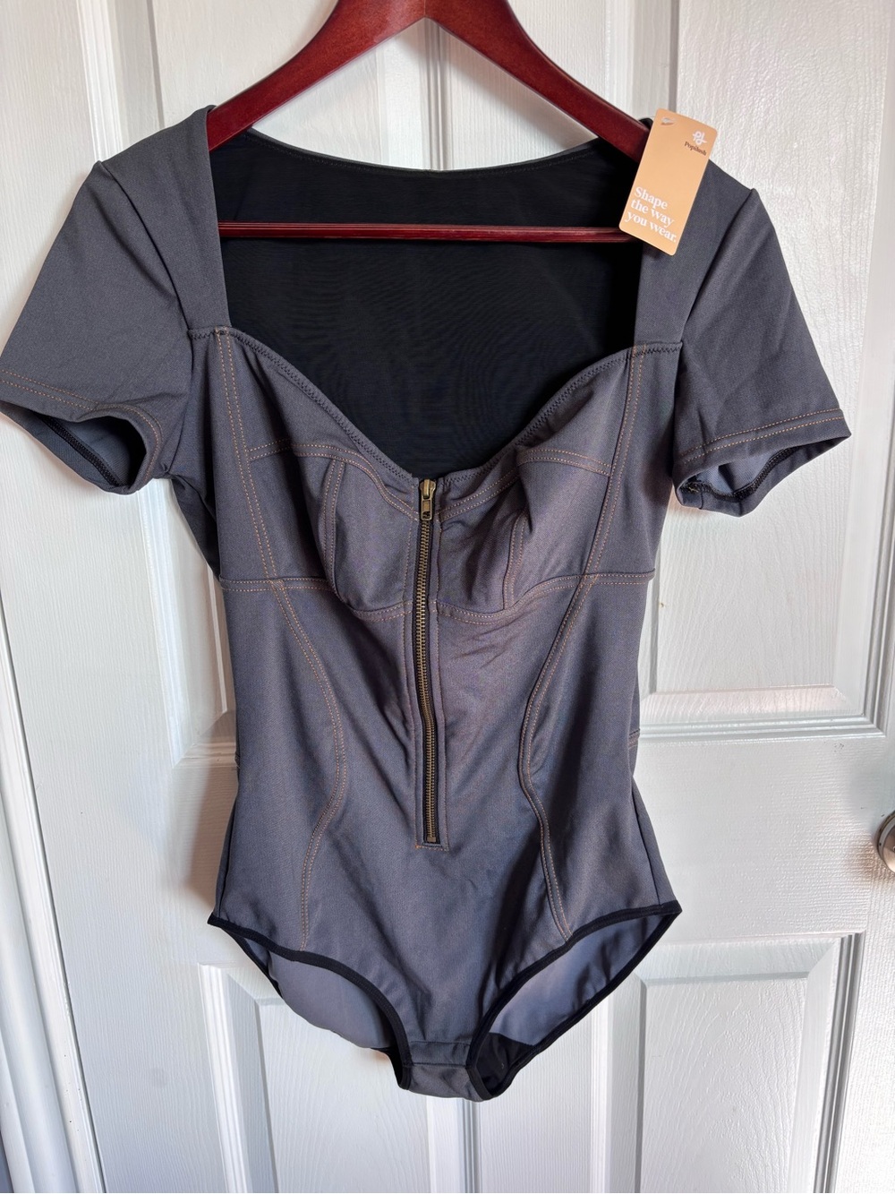 Popilush NWT Denim V-Neck Short Sleeve Tummy Control Bodysuit Grey Large